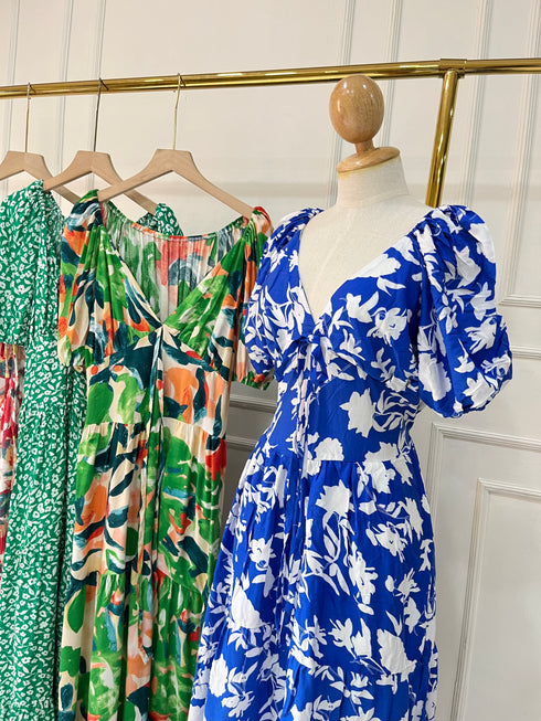 Summer V-Neck Puff Sleeves Back Tie Maxi Dress